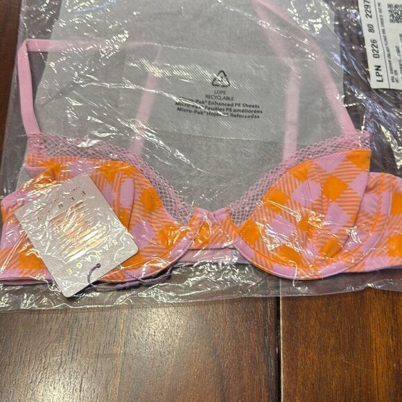 Savage X Gingham Pink Orange Unlined Plunge Bra 32B - Picture 3 of 5